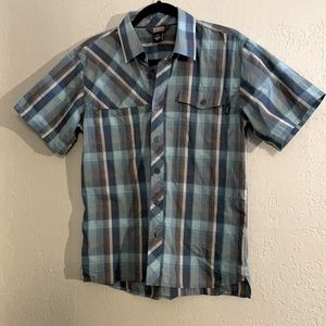 Outdoor Research Riff Short Sleeve Button Down Shirt Blue and green Plaid